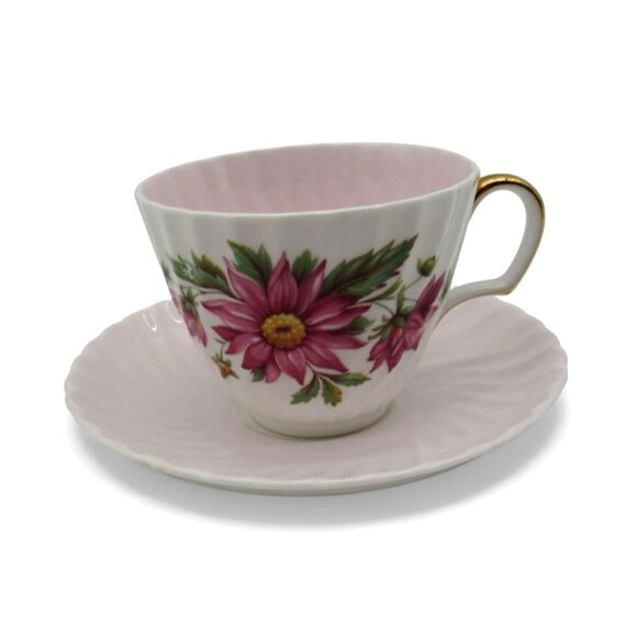 ADDERLEY H12591 Pink Floral Teacup & Saucer Bone China Gold Trim England Vintage - Picture 2 of 11